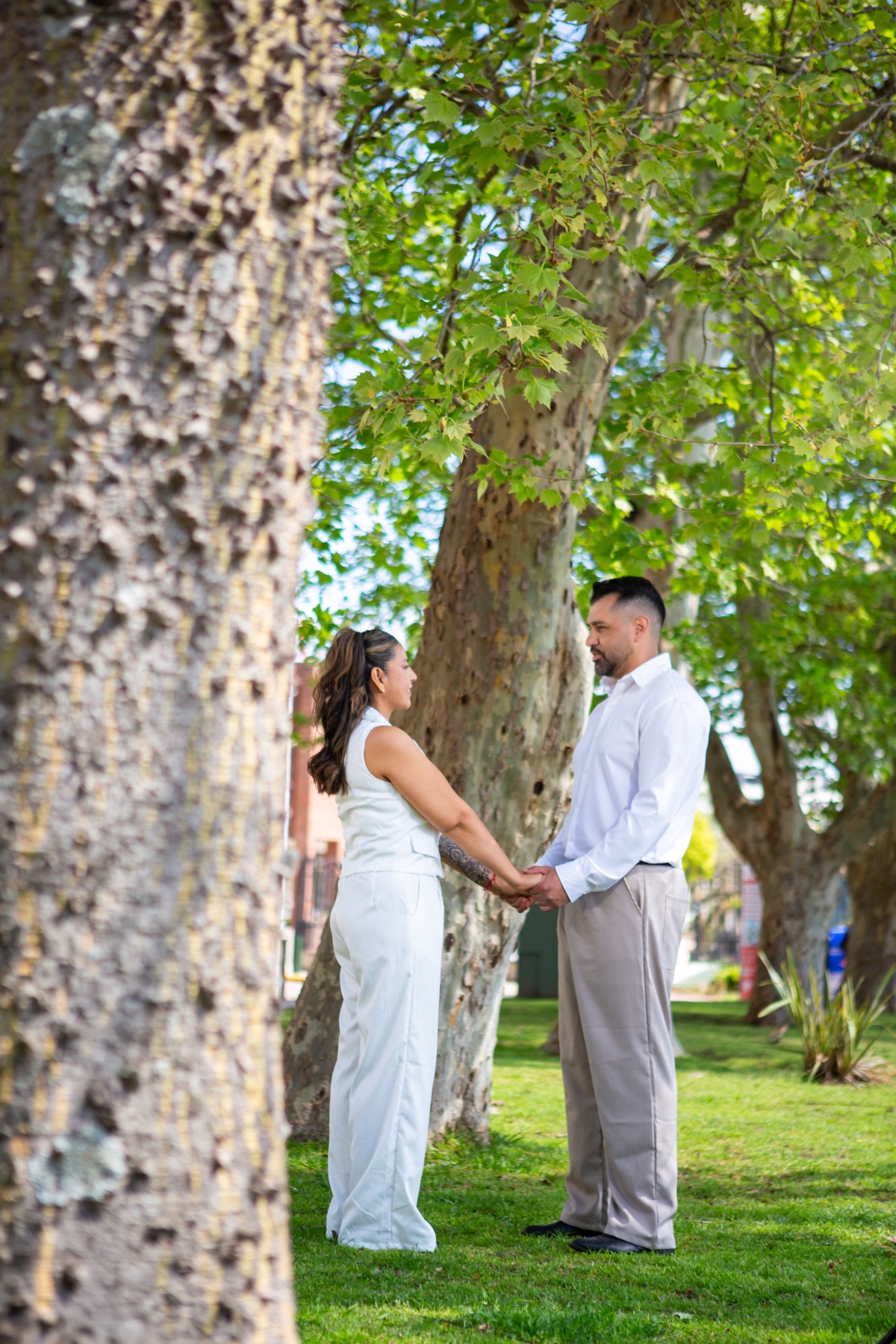 La pareja tomándose de las manos bajo los árboles