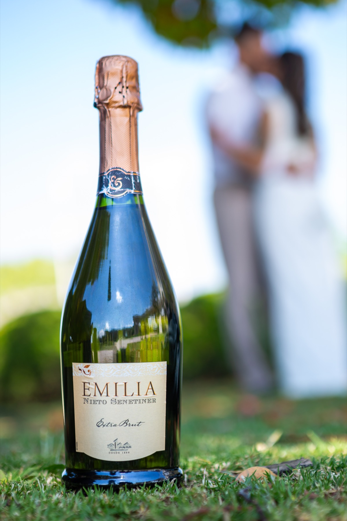 Botella para el brindis con la pareja al fondo